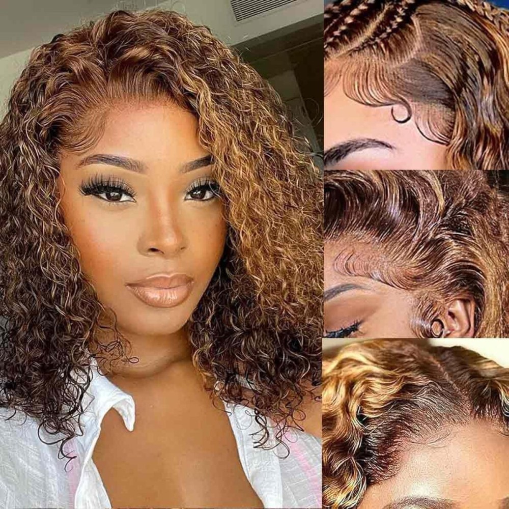 WPPIKK Highlight Lace Front Wig Human Hair 180 Density Brazilian Wet and Wavy Human Hair Wigs for Black Women Curly P4/27 Colored 13x4 Lace Frontal Wig (P4/27 Highlight Color, 12 Inch)