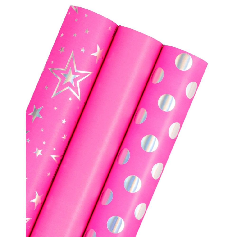 WRAPAHOLIC Pink Girls Wrapping Paper Roll - Mini Roll - 3 Roll - 17 Inch x 120 Inch - Foil Wrapping Paper for Kids Girls Birthday, Baby Shower, Wedding, Bridal Shower