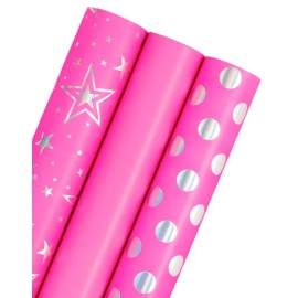 WRAPAHOLIC Pink Girls Wrapping Paper Roll - Mini Roll - 3 Roll - 17 Inch x 120 Inch - Foil Wrapping Paper for Kids Girls Birthday, Baby Shower, Wedding, Bridal Shower