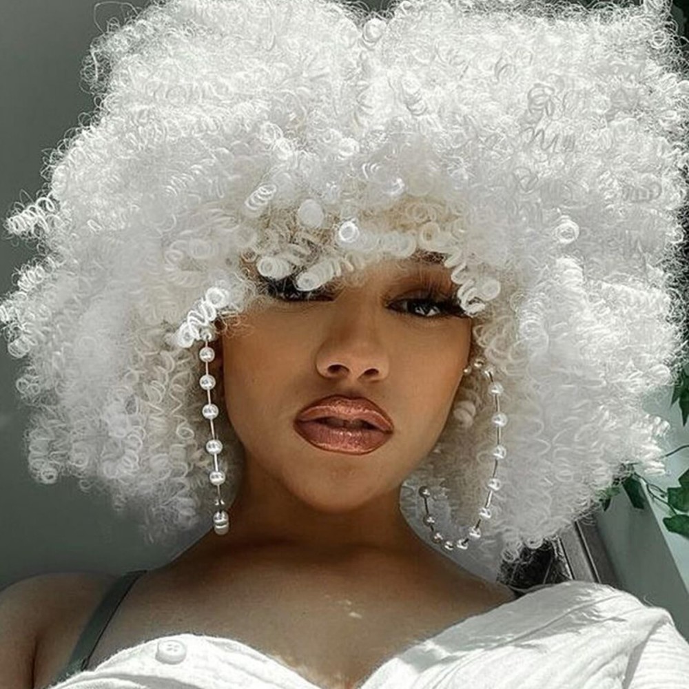 Xinran White Kinky Curly Wig Afro with BangsWhite Afro 70s Wigs for Women14 Inches Heat Resistant Synthetic Fiber Hair Cosplay Party Wigs for African American Women