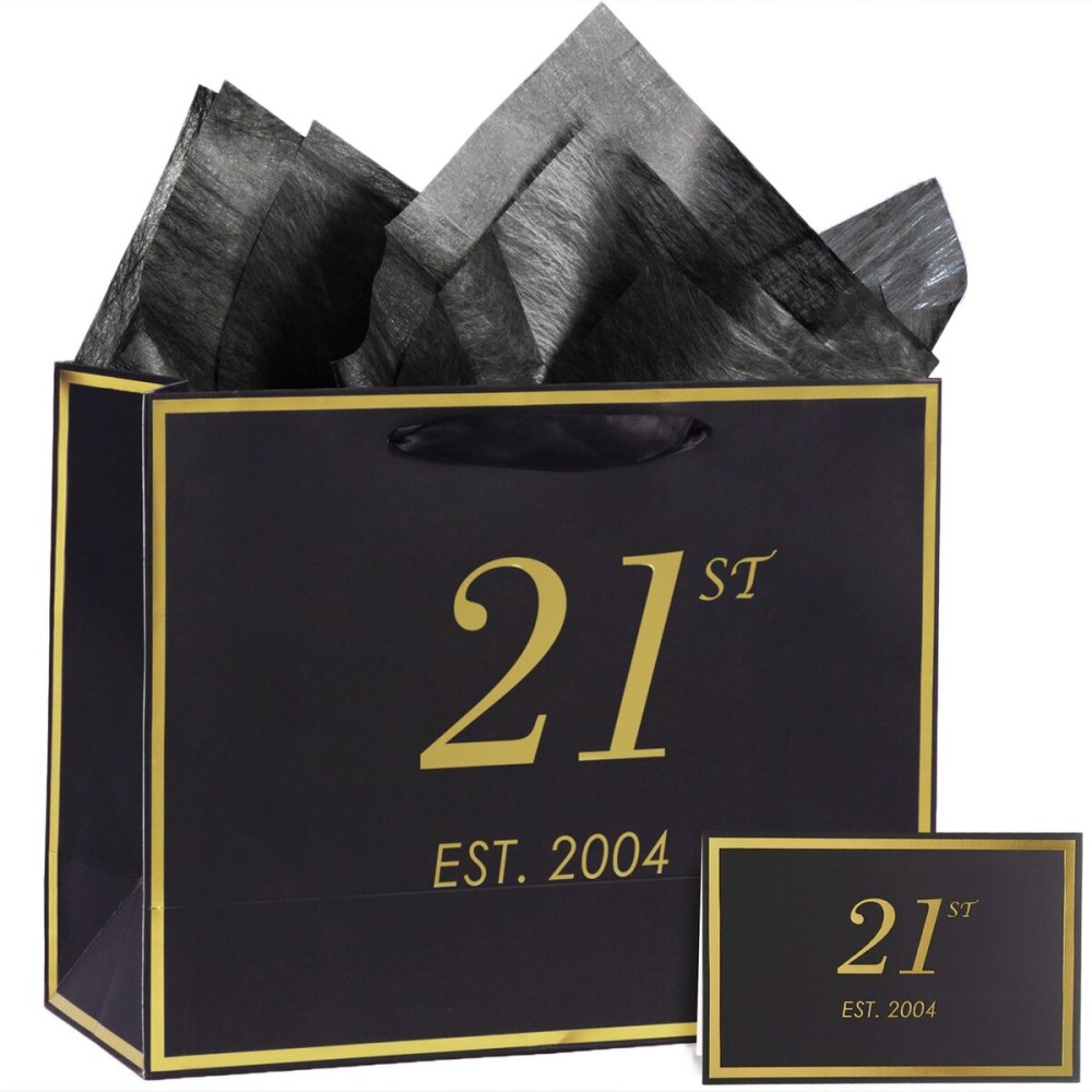 momoake 21st Birthday Gift Bag with Card and Tissue Paper for Men Women, 2004 21 Year Old 13 Elegant Black Gold Anniversary Keepsake Party Present Shopping Paper Bags for Gifts Wrapping (2004 21st)