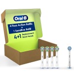 Oral-B FlossAction Electric Toothbrush Replacement Brush Heads, White, 4 Count + 1 Sensitive White