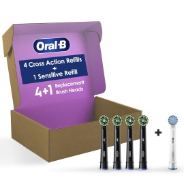 Oral-B CrossAction Electric Toothbrush Replacement Brush Heads, Black, 4 Count + 1 Sensitive White