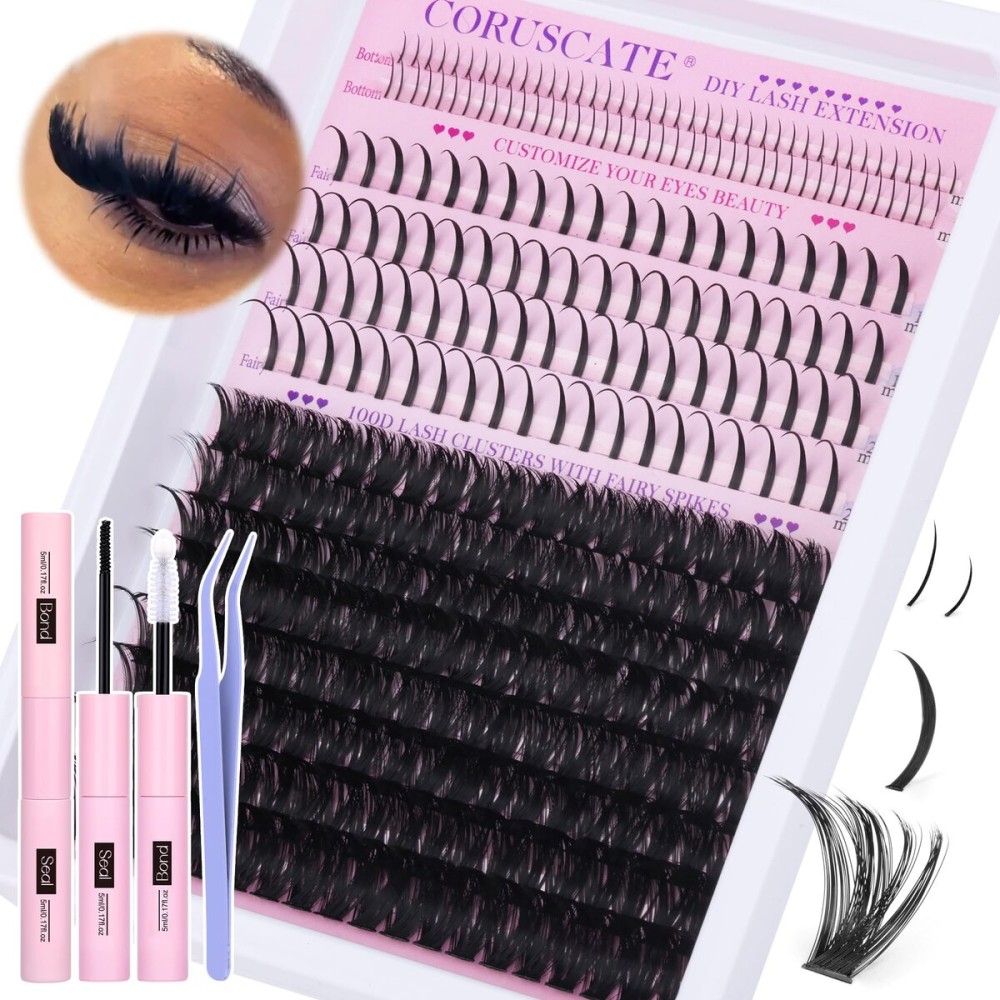 CORUSCATE 100D Lash Clusters Kit with Bottom Lashes Spikes DIY Lash Extension Kit Thick Cluster Eyelash Extensions 5-20mm Cluster Lashes Strips Eyelash Clusters Individual with Lashes Glue