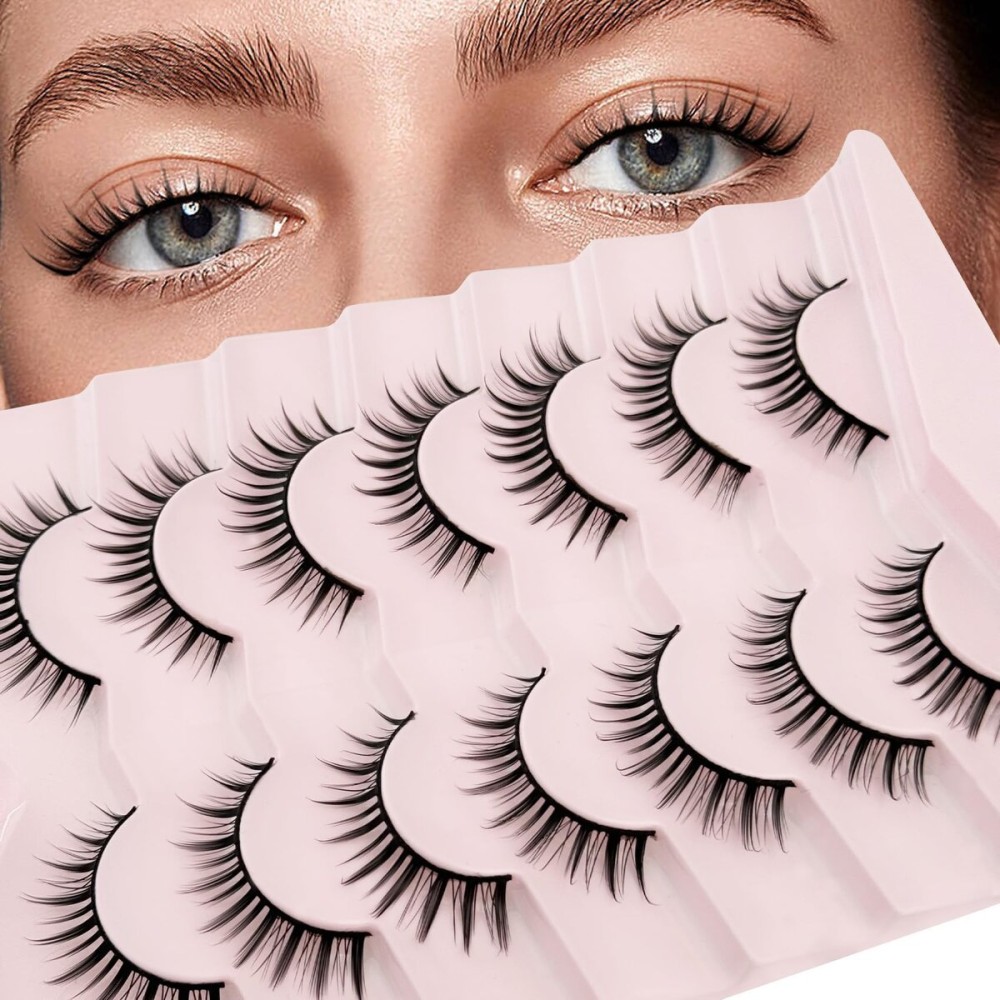 Natural Lashes Manga Lashes Cat Eye Lashes False Eyelashes Natural Look, Yasnai Wispy EyeLashes Short 10mm Wet Look Fake Lashes Volume Lashes, Strips Lashes Eyelashes 7 Pairs Pack