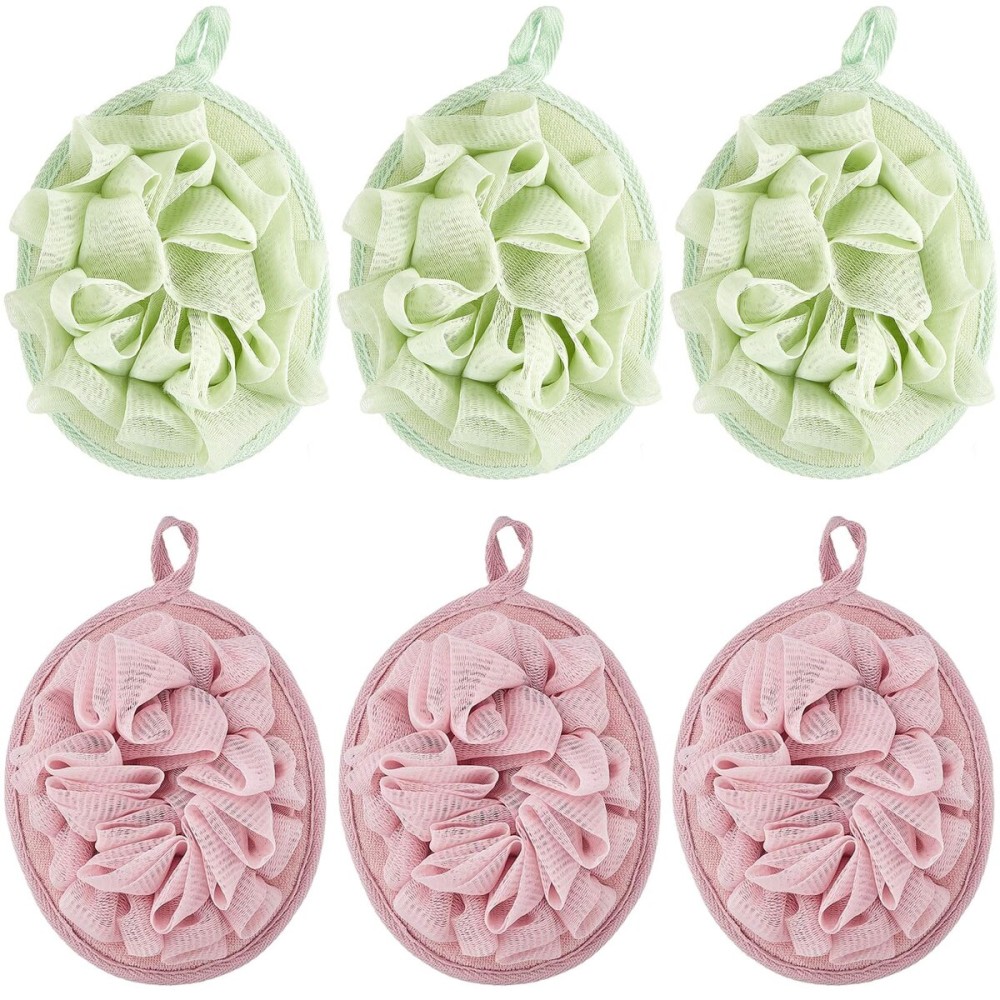 Boao 6 Pcs Bath Shower Pouf Sponge Mesh Pouf Shower Ball Exfoliating Body Sponge Pad Scrubber Glove with Flower Bath Ball (Green,Light Pink)