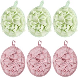 Boao 6 Pcs Bath Shower Pouf Sponge Mesh Pouf Shower Ball Exfoliating Body Sponge Pad Scrubber Glove with Flower Bath Ball (Green,Light Pink)