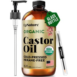 UpNature Organic Castor Oil in Glass Bottle (16 oz) 100% Pure Cold Pressed Unrefined Castor Oil for Hair Skin Face (Hexane Free)