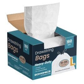 SONGMICS Trash Bags for 5.3 Gallon (20 L) Trash Cans, Drawstring Kitchen Garbage Bags, Pre-Separated, Quick-Dispense Box, Liner Code L, 4 Rolls, 160 Count, White UKRB021A04