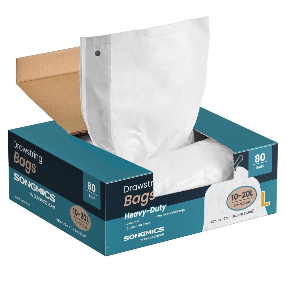 SONGMICS Trash Bags for 5.3 Gallon (20 L) Trash Cans, Drawstring Kitchen Garbage Bags, Pre-Separated, Quick-Dispense Box, Liner Code L, 2 Rolls, 80 Count, White UKRB021A02