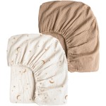 Konssy Muslin Crib Sheets for Girl Boy, 2 PCS Soft and Breathable Cotton Baby Sheets for Standard Crib Mattress, 52x 28 (Moon,Camel)