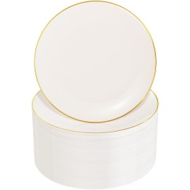 Nervure 100Pcs Ivory and Gold Plastic Plates - 7.5inch Disposable Ivory Dessert/Salad Plates - Heavy Duty Plastic Plate Ideal for Wedding & Party & Thanksgiving
