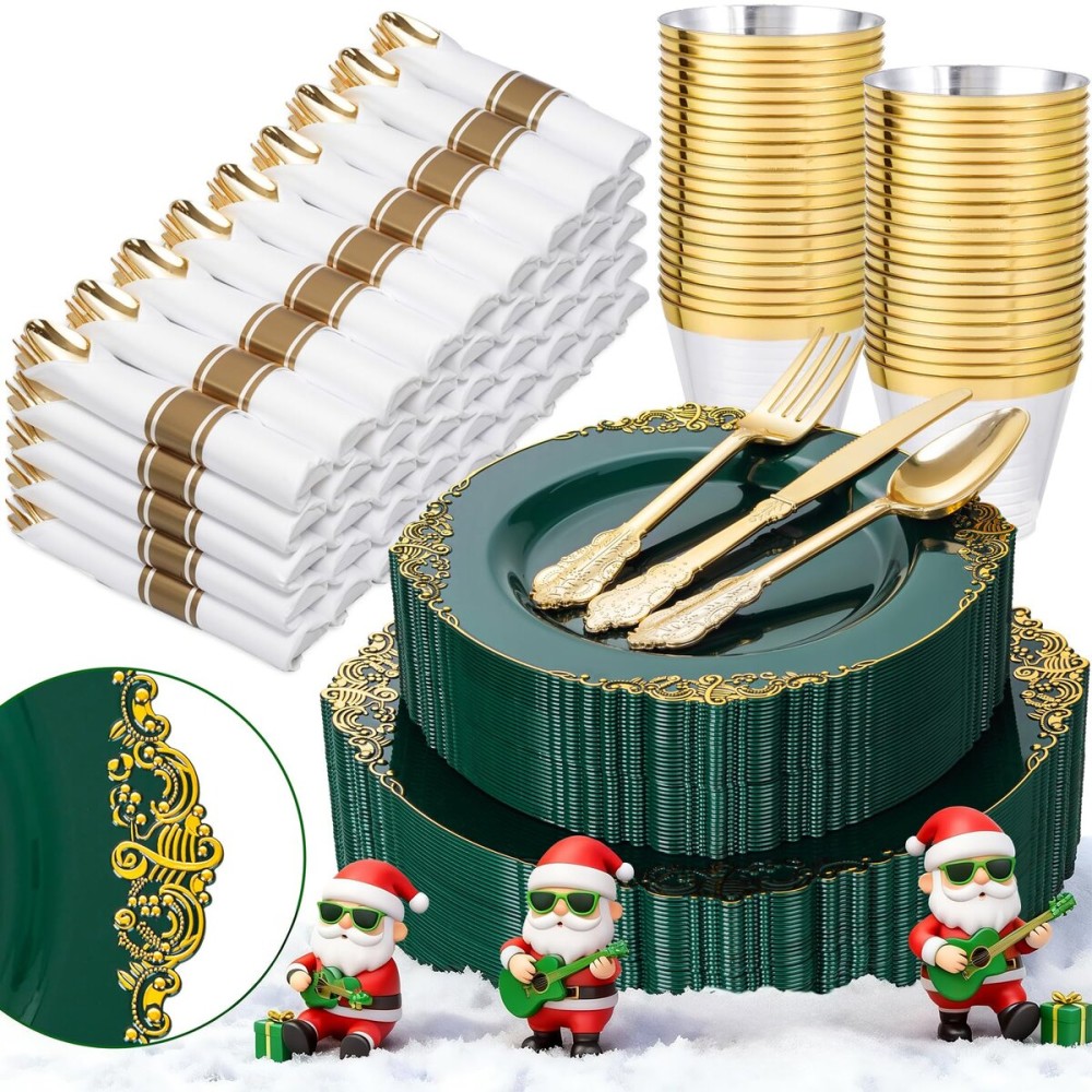 Nervure 350PCS Green Plastic Plates - Green Gold Plastic Dinnerware Sets for 50 Guests - 100 Disposable Plates, 150 Gold Silverware, 50 Cups, 50 Napkins for Wedding & Party & Christmas