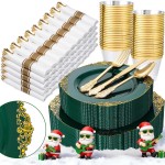 Nervure 350PCS Green Plastic Plates - Green Gold Plastic Dinnerware Sets for 50 Guests - 100 Disposable Plates, 150 Gold Silverware, 50 Cups, 50 Napkins for Wedding & Party & Christmas