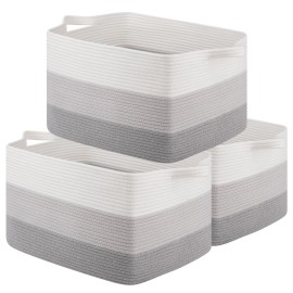 OIAHOMY Rectangle Woven Storage Basket - Nursery Cotton Rope Baskets for Storage, Toy Basket Organizing for Living Room, 17.7x13.8x11- Pack of 3 - Gradient Gray