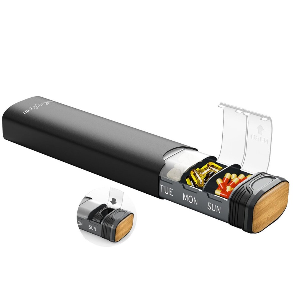 Metal Weekly Pill Organizer, Serfeymi Aluminum Daily Pill Box(Spare Gasket Provided),7 Day Pill Case Travel Medicine Organizer,Pill Containers with Individual Lid for Vitamins,Pills, Supplement-Black