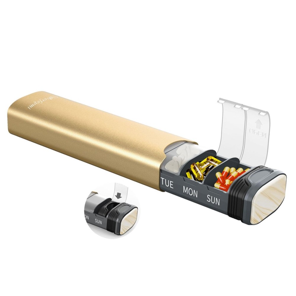 Metal Weekly Pill Organizer, Serfeymi Aluminum Daily Pill Box(Spare Gasket Provided),7 Day Pill Case Travel Medicine Organizer,Pill Containers with Individual Lid for Vitamins,Pills, Supplement-Gold