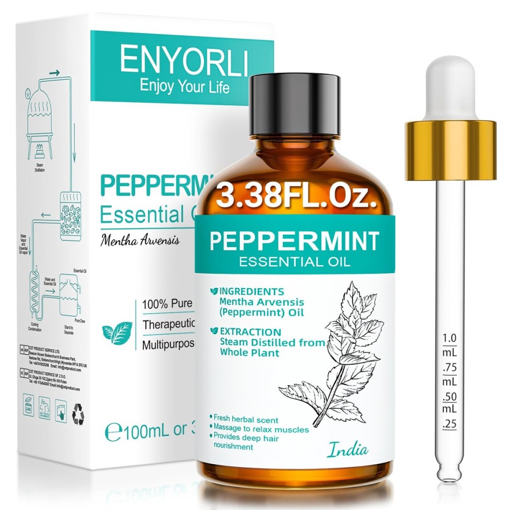 ENYORLI Peppermint Oil 3.38 fl oz Christmas Gift for Women Men Peppermint Essential Oil 100% Natural for Hair, Skin, Diffuser, Massage, Cleaning, Candle Making and Soap Making