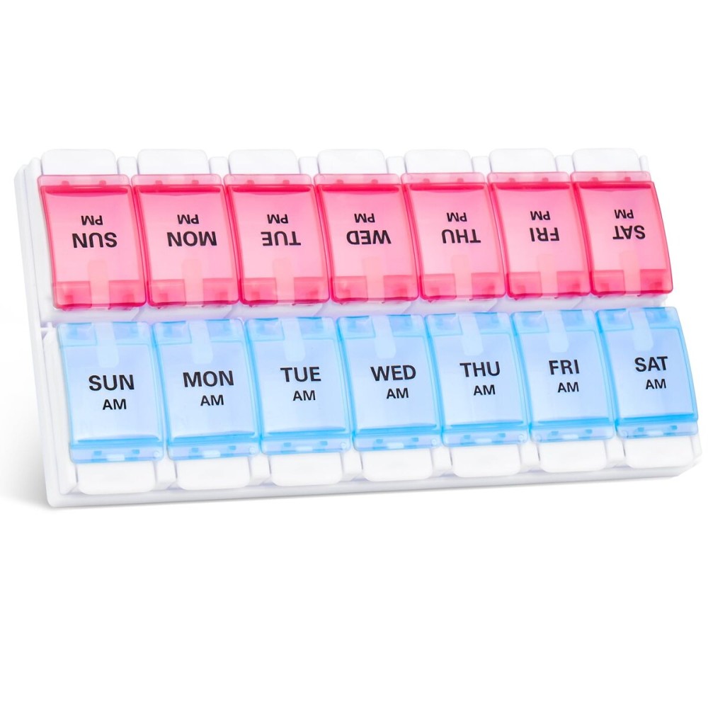 Sukuos Weekly Pill Organizer 7 Day 2 Times A Day, AM PM Medicine Pill Box with Easy Push Button, BPA Free Vitamin Cases for Fish Oil/Supplements, Easy to Clean (Red&Blue)