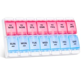 Sukuos Weekly Pill Organizer 7 Day 2 Times A Day, AM PM Medicine Pill Box with Easy Push Button, BPA Free Vitamin Cases for Fish Oil/Supplements, Easy to Clean (Red&Blue)