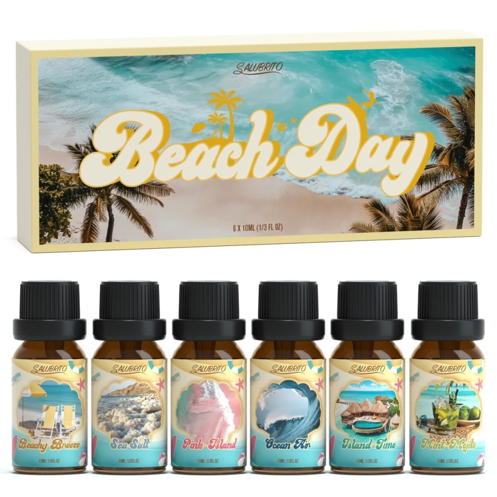 SALUBRITO Beach Fragrance Oils Set, Summer Essential Oils for Diffuser, Candle, Soap Making, Beachy Breeze, Sea Salt, Pink Island, Ocean Air, Island Time, Mint Mojito Scented Oil