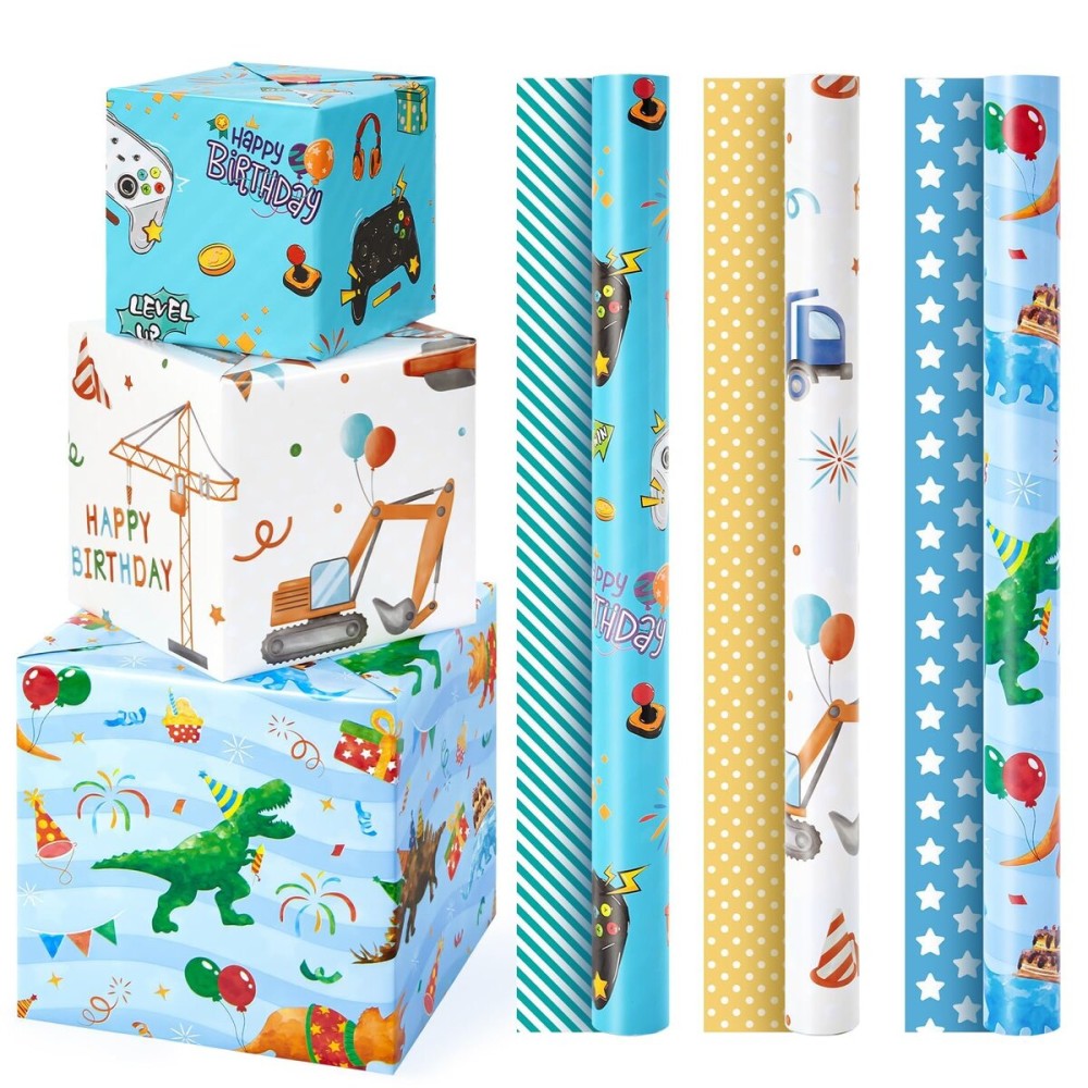 WERNNSAI Boys Wrapping Paper Rolls - 3 Rolls 17 x 120 Happy Birthday Wrapping Paper for Boys Birthday Dinosaur Game Construction Party Favor 3 Different Design Gift Wrap Paper
