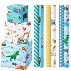 WERNNSAI Boys Wrapping Paper Rolls - 3 Rolls 17 x 120 Happy Birthday Wrapping Paper for Boys Birthday Dinosaur Game Construction Party Favor 3 Different Design Gift Wrap Paper