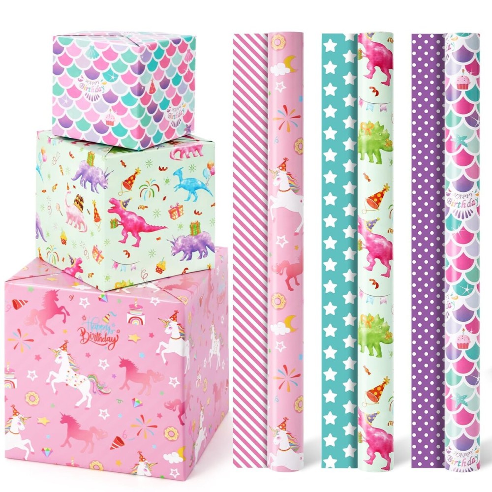 WERNNSAI Girl Birthday Wrapping Paper Rolls - 3 Rolls 17 x 120 Happy Birthday Wrapping Paper Girl Pink Gift Wrapping Paper Baby Girl Princess Party Decor Favor Dinosaur Unicorn Mermaid Designs