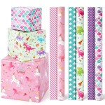 WERNNSAI Girl Birthday Wrapping Paper Rolls - 3 Rolls 17 x 120 Happy Birthday Wrapping Paper Girl Pink Gift Wrapping Paper Baby Girl Princess Party Decor Favor Dinosaur Unicorn Mermaid Designs