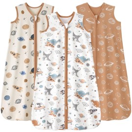 FIEMOL Baby Sleep Sack 18-24 months, 100% Cotton Sleeping Sack for Newborn and Infant, 3 Pack Baby Wearable Blanket for Boy and Girl, 0.5 Tog Lightweight Double Zipper Sleep Bag Coffee Dinosaur Planet