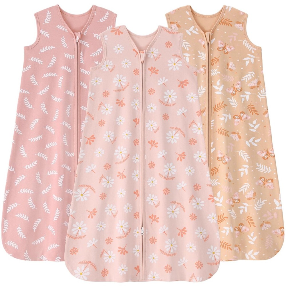FIEMOL Baby Sleep Sack 18-24 months, 100% Cotton Sleeping Sack for Newborn and Infant, 3 Pack Baby Wearable Blanket for Boy and Girl, 0.5 Tog Lightweight Double Zipper Sleep Bag Pink Orange Flower