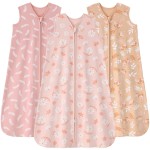 FIEMOL Baby Sleep Sack 18-24 months, 100% Cotton Sleeping Sack for Newborn and Infant, 3 Pack Baby Wearable Blanket for Boy and Girl, 0.5 Tog Lightweight Double Zipper Sleep Bag Pink Orange Flower
