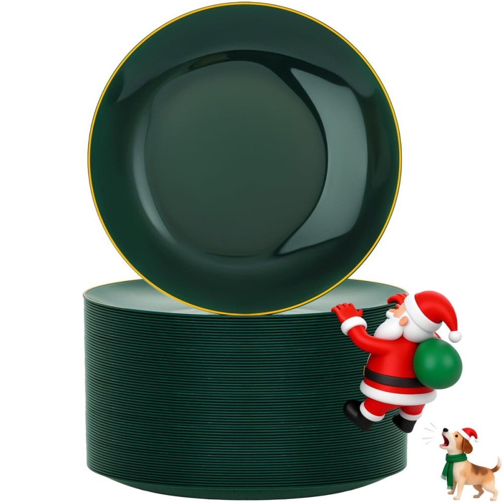 Nervure 100Pcs Green and Gold Plastic Plates - 7.5inch Disposable Green Dessert/Salad Plates - Heavy Duty Plastic Plate Ideal for Wedding & Party & Christmas