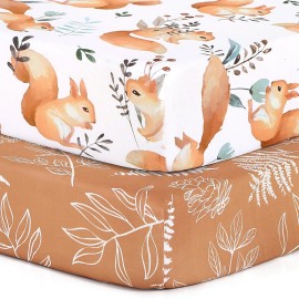 Pack n Play Sheets, BROLEX 2 Pack Mini Crib Sheets,Stretchy Portable Fitted Playard Sheet Set, Convertible Playard Mattress Cover,Ultra Soft Breathable Material,Squirrel & Foliage