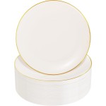 Nervure 100Pcs Ivory and Gold Plastic Plates - 10.25inch Disposable Ivory Dinner Plates - Heavy Duty Plastic Plate Ideal for Wedding & Party & Thanksgiving
