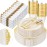 Nervure 350PCS Ivory Plastic Plates - Ivory Gold Plastic Dinnerware Sets for 50 Guests - 100 Gold Disposable Plates, 50 Pre Rolled Silverware Sets, 50 Cups Perfect for Wedding & Thanksgiving