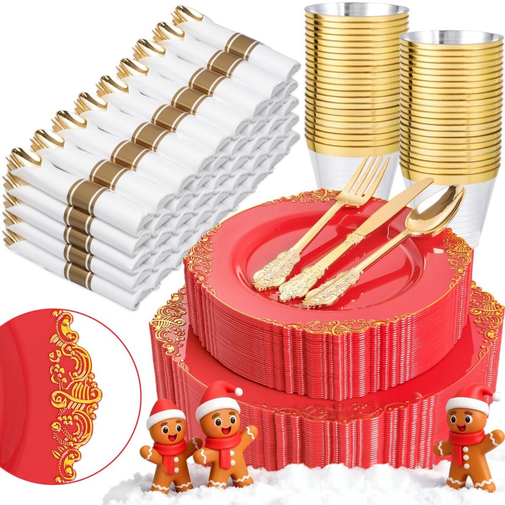 Nervure 350PCS Red Plastic Plates - Red Gold Plastic Dinnerware Sets for 50 Guests - 100 Gold Disposable Plates, 50 Pre Rolled Silverware Sets, 50 Cups Perfect for Wedding & Party & Christmas
