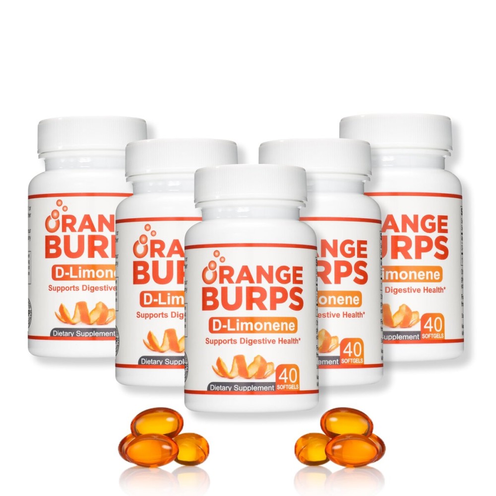 Orange Burps | D-Limonene Supplement - Acid Reducer (Antacid for Acid Reflux), Heartburn Relief, GERD Relief, and Indigestion Relief | Orange Peel Extract for Health and Wellness (1,000 mg, Pack of 5)