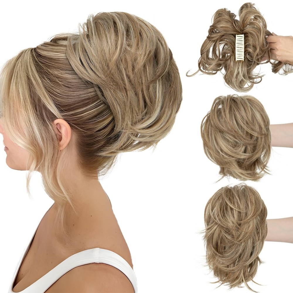 CJL HAIR Claw Clip Short Ponytail Hair Extensions DIY Bendable Metals Messy Bun Hair Piece for Wonen Straight Synthetic Fake Hairpieces Beige Multi