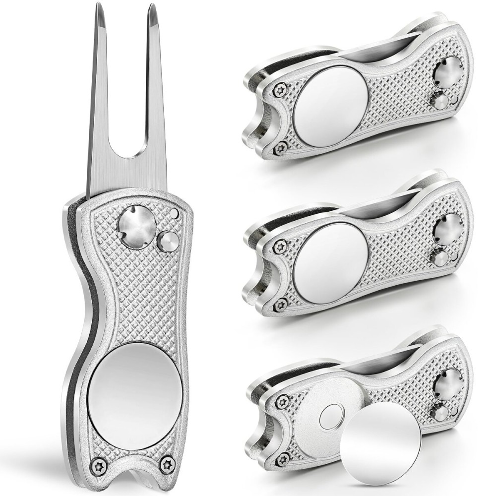 Mile High Life 4 Pack Golf Divot Repair Tool w Magnetic Golf Ball Marker | All Metal Foldable Divot Tool w Pop-up Button | Golf Accessories for Men (4 Silver Tools)