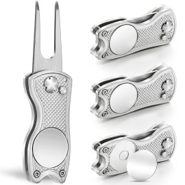 Mile High Life 4 Pack Golf Divot Repair Tool w Magnetic Golf Ball Marker | All Metal Foldable Divot Tool w Pop-up Button | Golf Accessories for Men (4 Silver Tools)