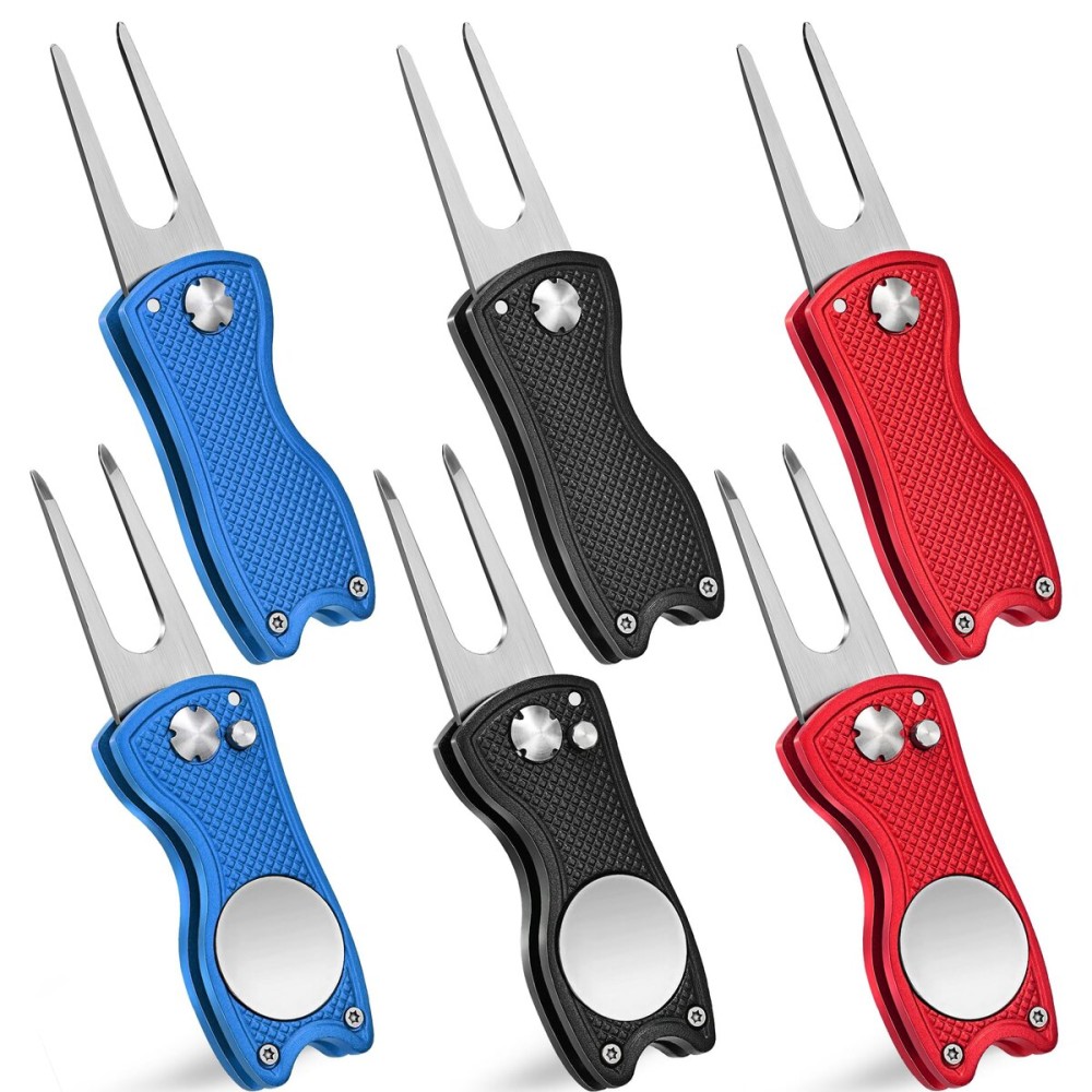 Mile High Life 6 Pack Golf Divot Repair Tool w Magnetic Golf Ball Marker | All Metal Foldable Divot Tool w Pop-up Button | Golf Accessories for Men (2 Black/ 2 Red/ 2 Blue)