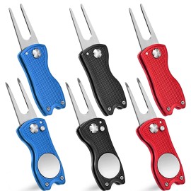 Mile High Life 6 Pack Golf Divot Repair Tool w Magnetic Golf Ball Marker | All Metal Foldable Divot Tool w Pop-up Button | Golf Accessories for Men (2 Black/ 2 Red/ 2 Blue)