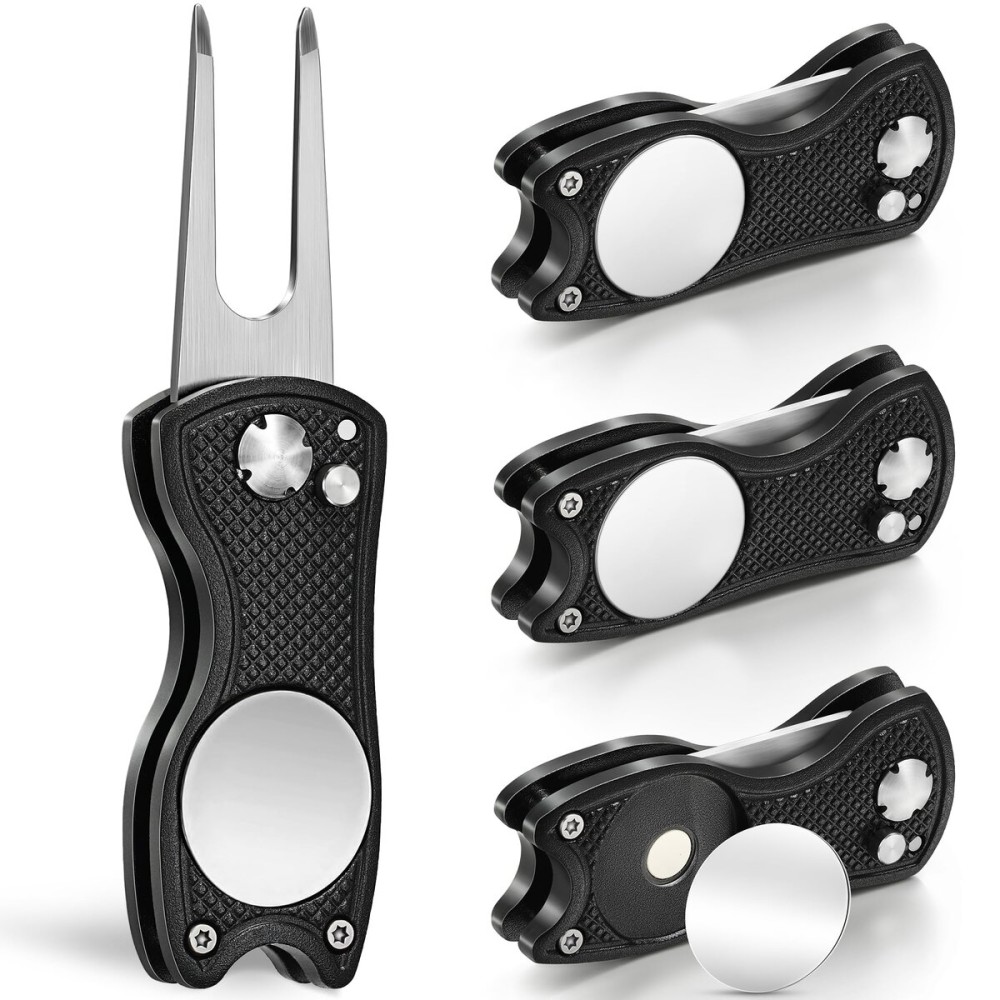 Mile High Life 4 Pack Golf Divot Repair Tool w Magnetic Golf Ball Marker | All Metal Foldable Divot Tool w Pop-up Button | Golf Accessories for Men (4 Black Tools)