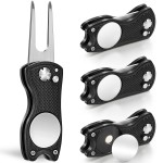 Mile High Life 4 Pack Golf Divot Repair Tool w Magnetic Golf Ball Marker | All Metal Foldable Divot Tool w Pop-up Button | Golf Accessories for Men (4 Black Tools)