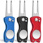 Mile High Life 3 Pack Golf Divot Repair Tool w Magnetic Golf Ball Marker | All Metal Foldable Divot Tool w Pop-up Button | Golf Accessories for Men (Black/Red/Blue)