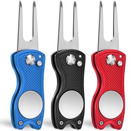 Mile High Life 3 Pack Golf Divot Repair Tool w Magnetic Golf Ball Marker | All Metal Foldable Divot Tool w Pop-up Button | Golf Accessories for Men (Black/Red/Blue)