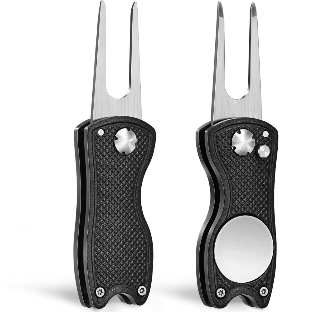Mile High Life 2 Pack Golf Divot Repair Tool w Magnetic Golf Ball Marker | All Metal Foldable Divot Tool w Pop-up Button | Golf Accessories for Men (2 Black Tools)