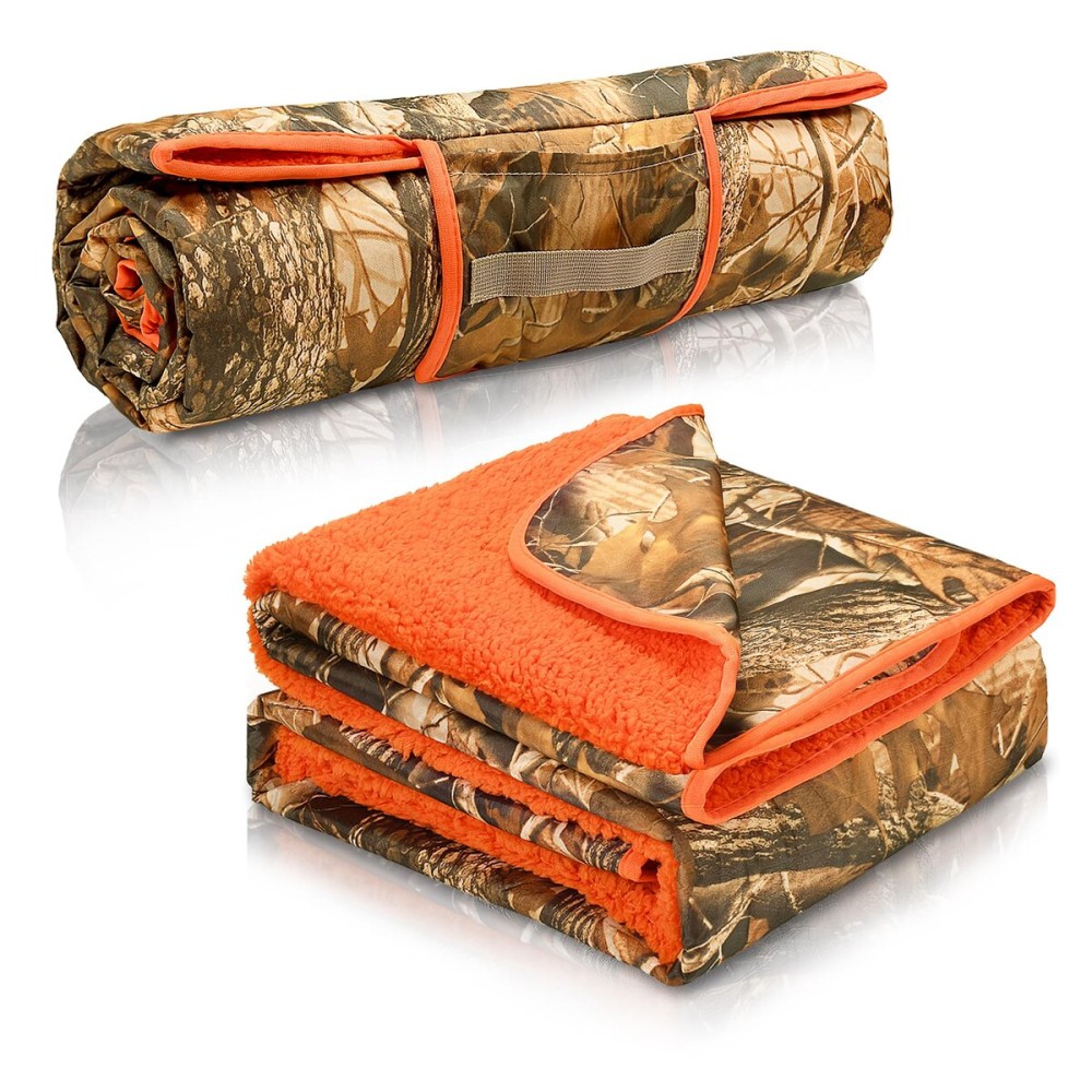 Tirrinia Waterproof Outdoor Blanket with Sherpa Lining, Windproof Triple Layers Warm Comfy Foldable for Camping Stadium, Sports, Picnic, Grass, Travel, Camo Orange Emergency Car Blanket 51\'\'X 59\'\'
