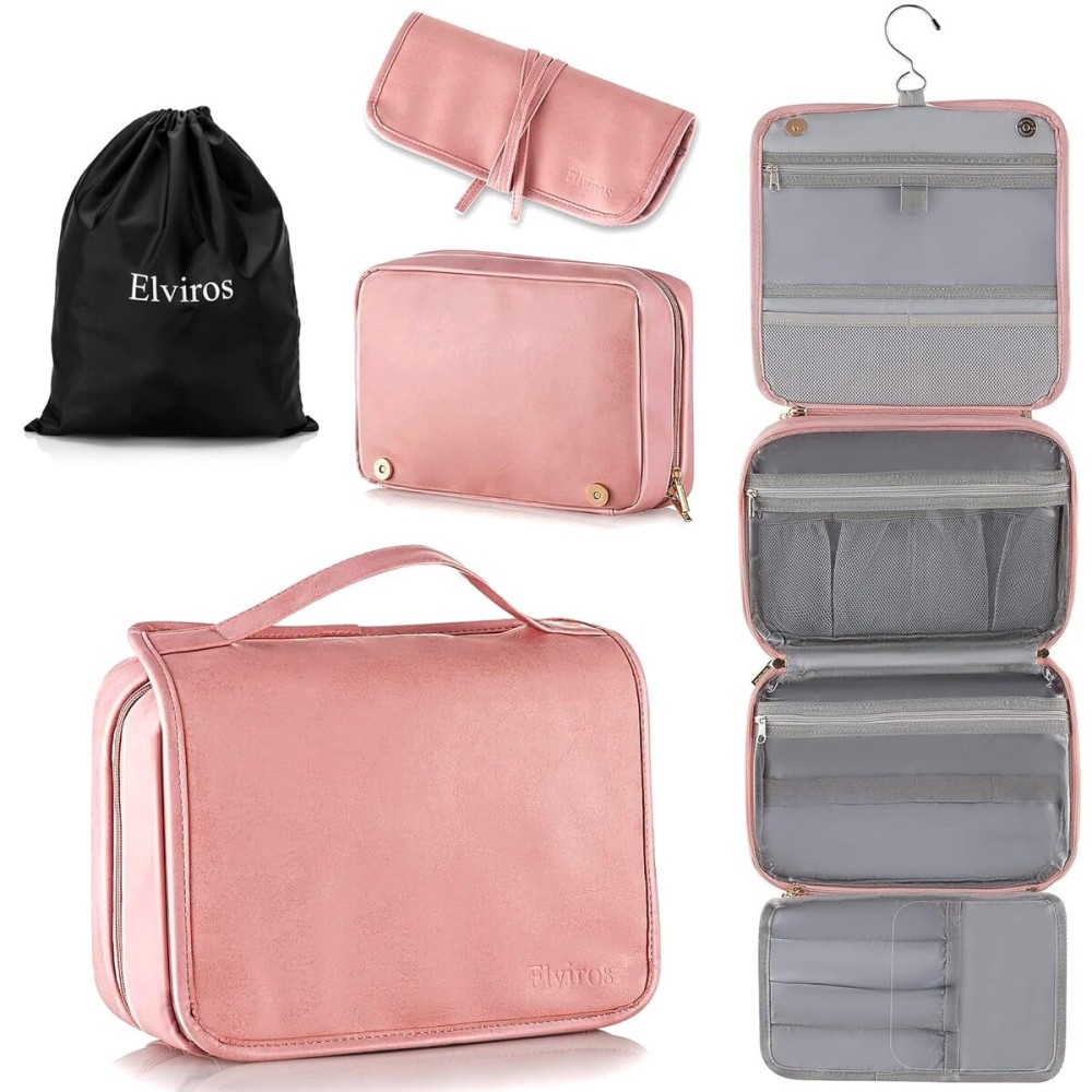 Elviros Hanging Travel Toiletry Bag for Women,3-in-1 Large Makeup Bag and Cosmetic Organizer,Vegan Leather Waterproof Skincare Case for Travel Size Toiletries and Accessories,Gift for Women